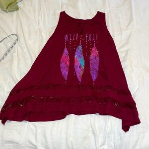 Burgundy graphic top with lace detail size large